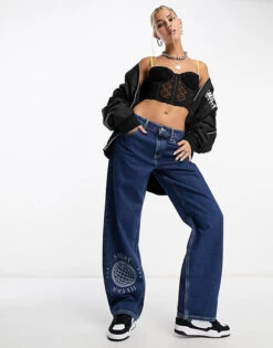ASOS X Smiley® - Baggy Boyfriend Jeans In Dark Blue