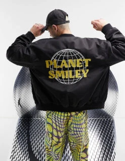 ASOS X Smiley® - Black Bomber With Planet Embroidery
