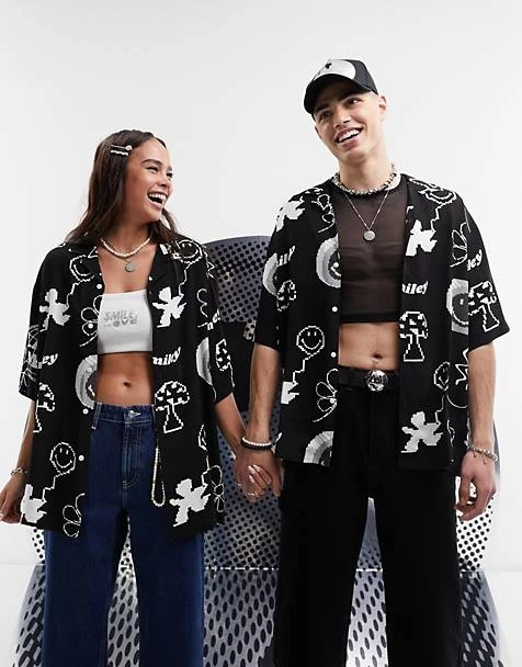 ASOS X Smiley® - Unisex Boxy Oversized Revere Shirt In Black And White Print 1 ASOS X Smiley® - Unisex Boxy Oversized Revere Shirt In Black And White Print